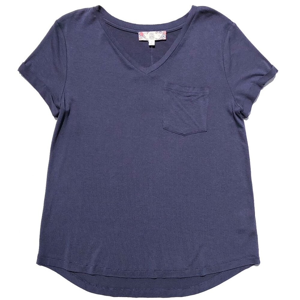 Pink Rose pocket T-Shirt women S blue gray Tee V neck cuffed short sleeve NWT